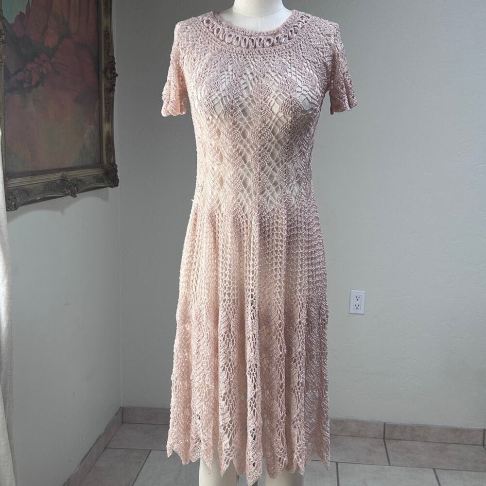 Vtg Sheer Crochet Lace Romantic Fairy Festival Layer Jagged Hem Dress Cream S - Picture 2 of 15